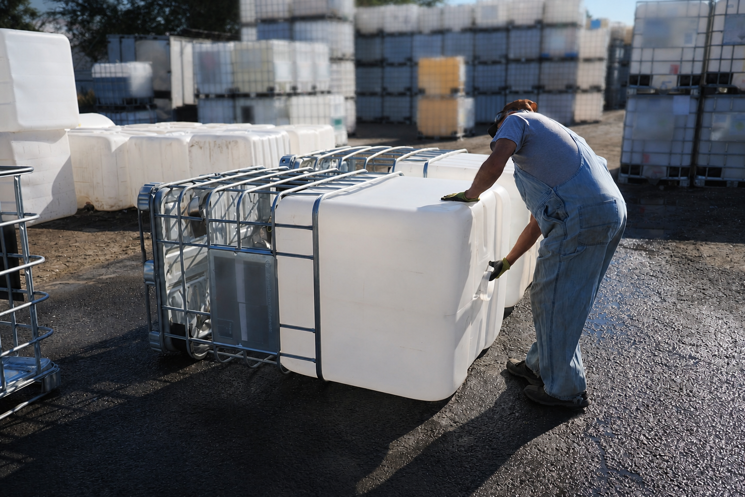 Clean Tank employee removing an IBC bottle from its steel cage