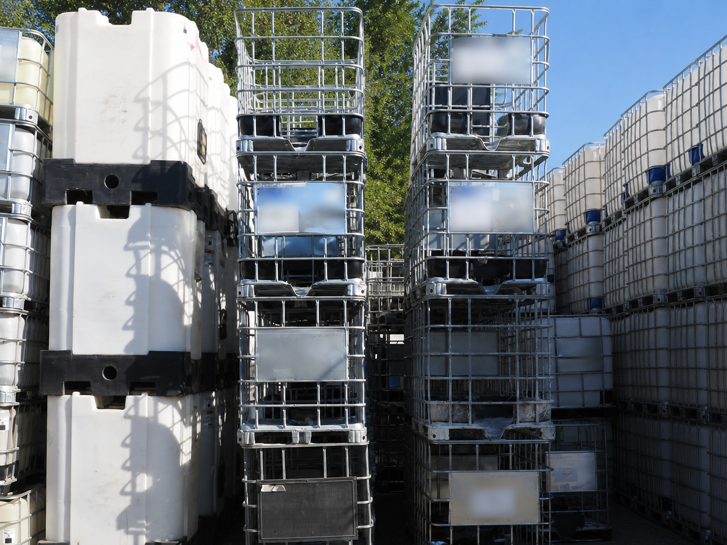 Empty steel IBC cages staged for recycling at Clean Tank
